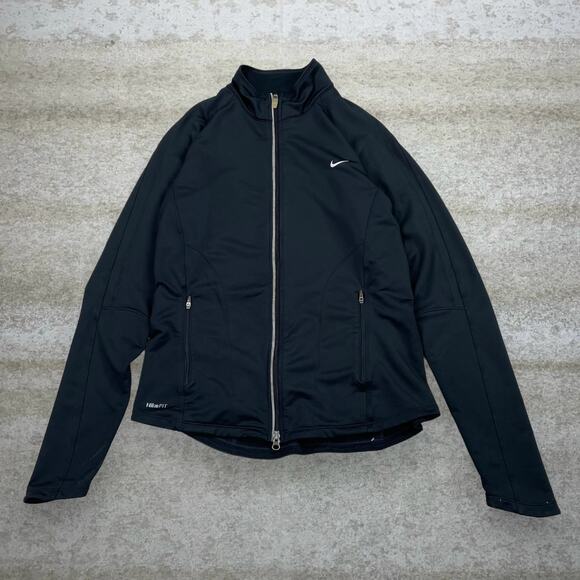 Nike Jackets & Blazers - Vintage Y2K Nike Running Jacket Womens L Black Polyester White Swoosh Full Zip